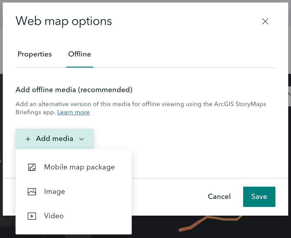 Screenshot of web map options showing that a map package, image, or video may be added as offline media